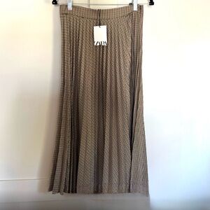 Zara Brown Pleated Checkered Midi Skirt NWT